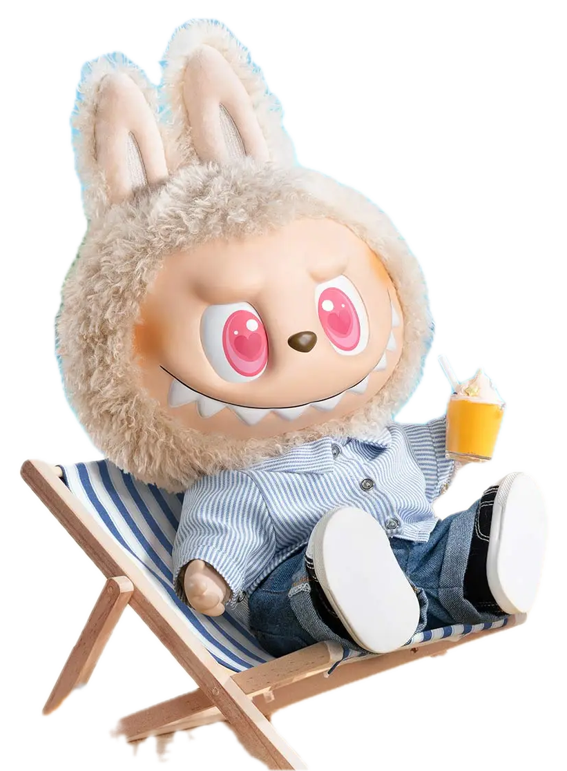 A Labubu figure lounging in cotton candy clouds